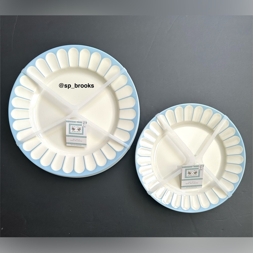 🎁8PC SIGRID OLSEN Melamine Plates -4 Dinner & 4 Salad w Rim Ridges- Blue & Cream
